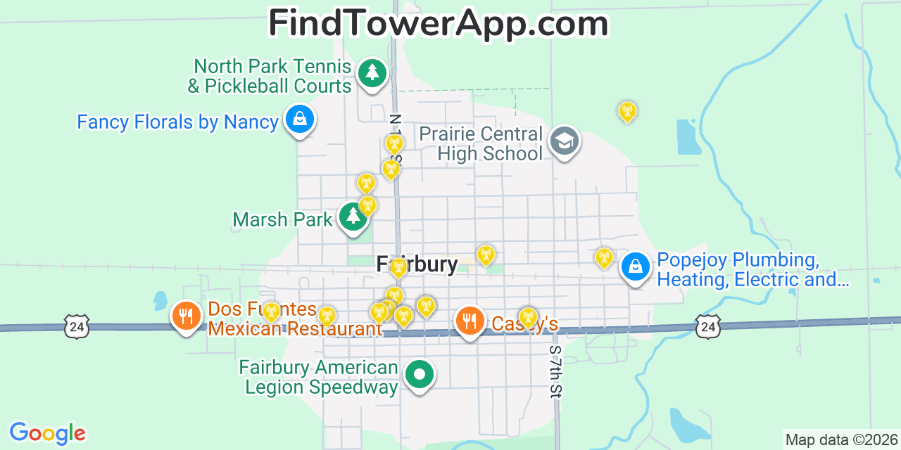 Map showing the 20 primary cell tower locations detected in Fairbury, Illinois from AT&T, Verizon, and T-Mobile networks