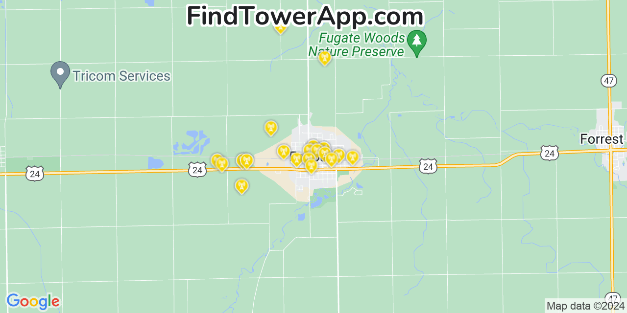 Verizon 4G/5G cell tower coverage map Fairbury, Illinois