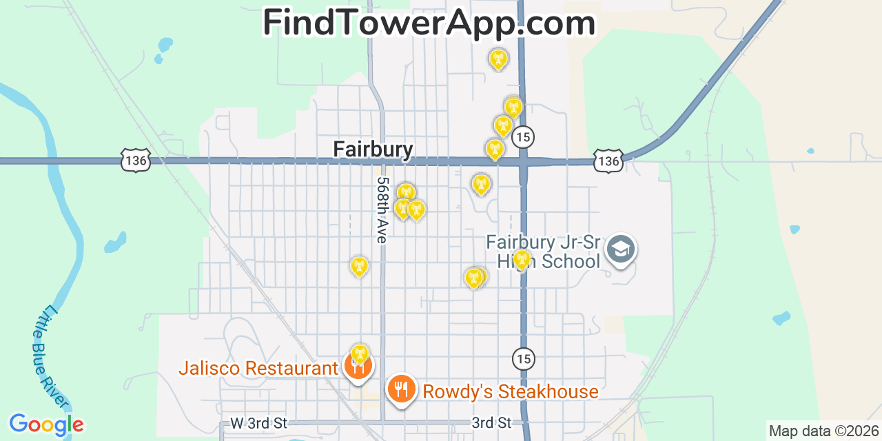 Map showing the 20 primary cell tower locations detected in Fairbury, Nebraska from AT&T, Verizon, and T-Mobile networks