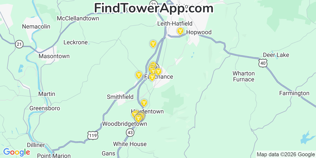 Map showing the 20 primary cell tower locations detected in Fairchance, Pennsylvania from AT&T, Verizon, and T-Mobile networks