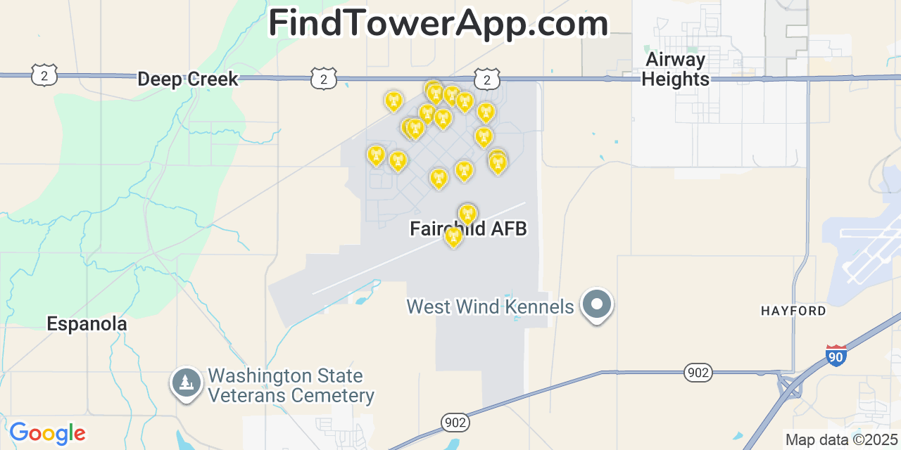 Map showing the 20 primary cell tower locations detected in Fairchild Air Force Base, Washington from AT&T, Verizon, and T-Mobile networks
