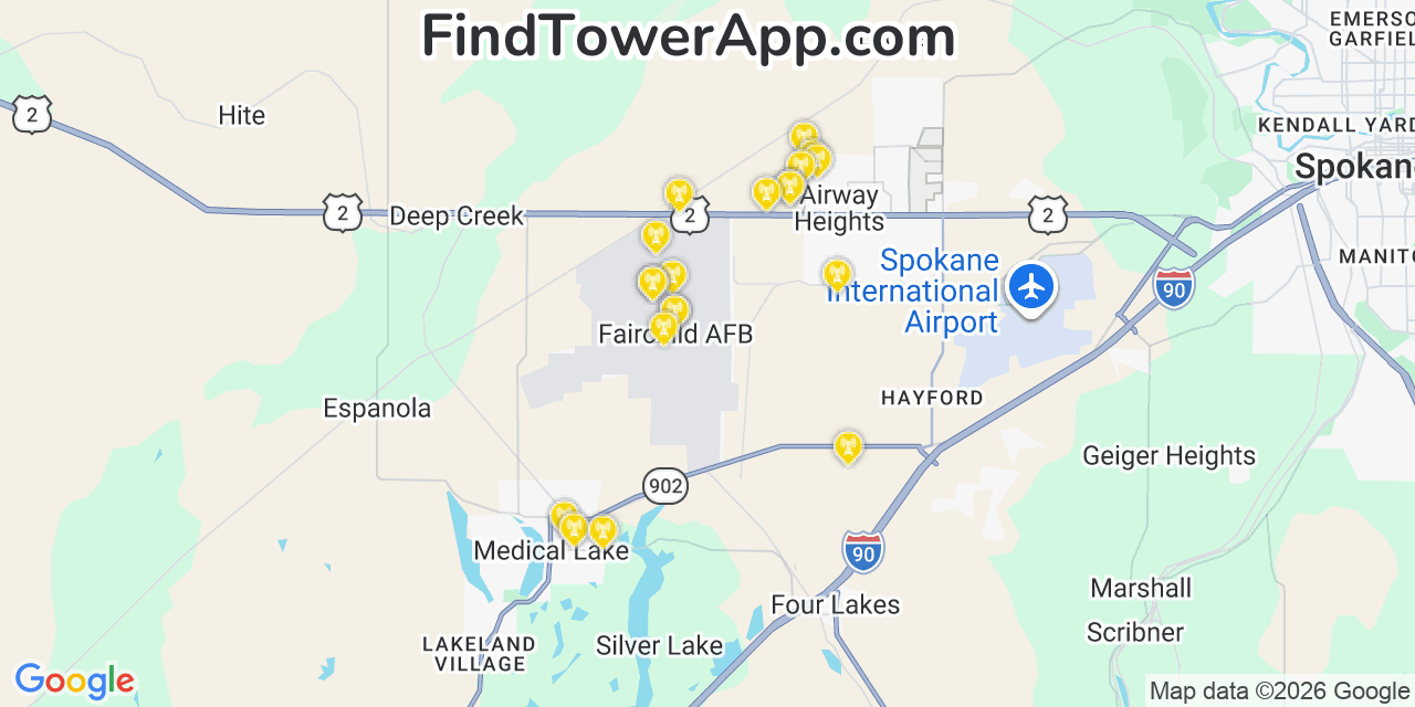 Map showing the 20 primary cell tower locations detected in Fairchild Air Force Base, Washington from AT&T, Verizon, and T-Mobile networks