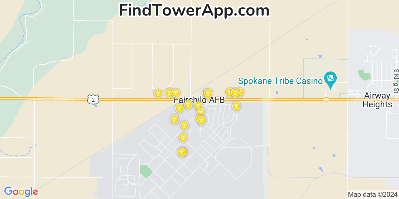 Verizon 4G/5G cell tower coverage map Fairchild Air Force Base, Washington