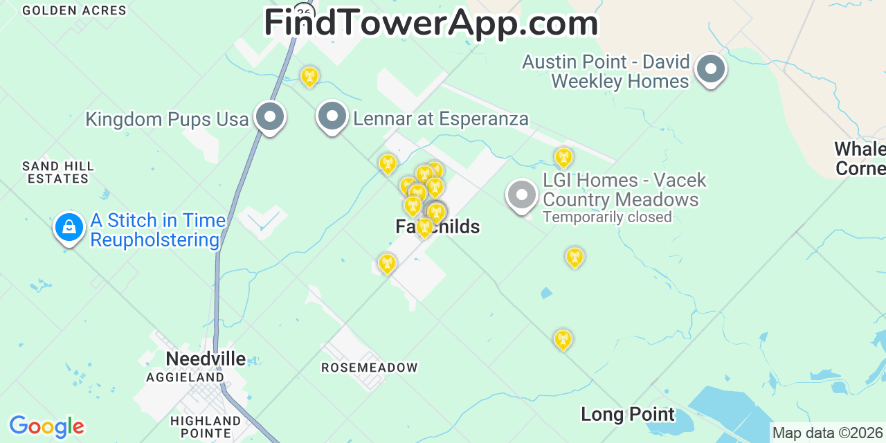 Map showing the 20 primary cell tower locations detected in Fairchilds, Texas from AT&T, Verizon, and T-Mobile networks
