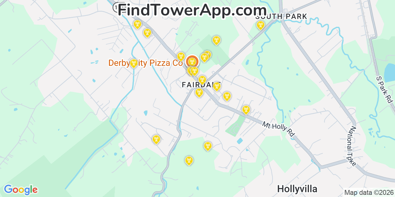 Map showing the 20 primary cell tower locations detected in Fairdale, Kentucky from AT&T, Verizon, and T-Mobile networks