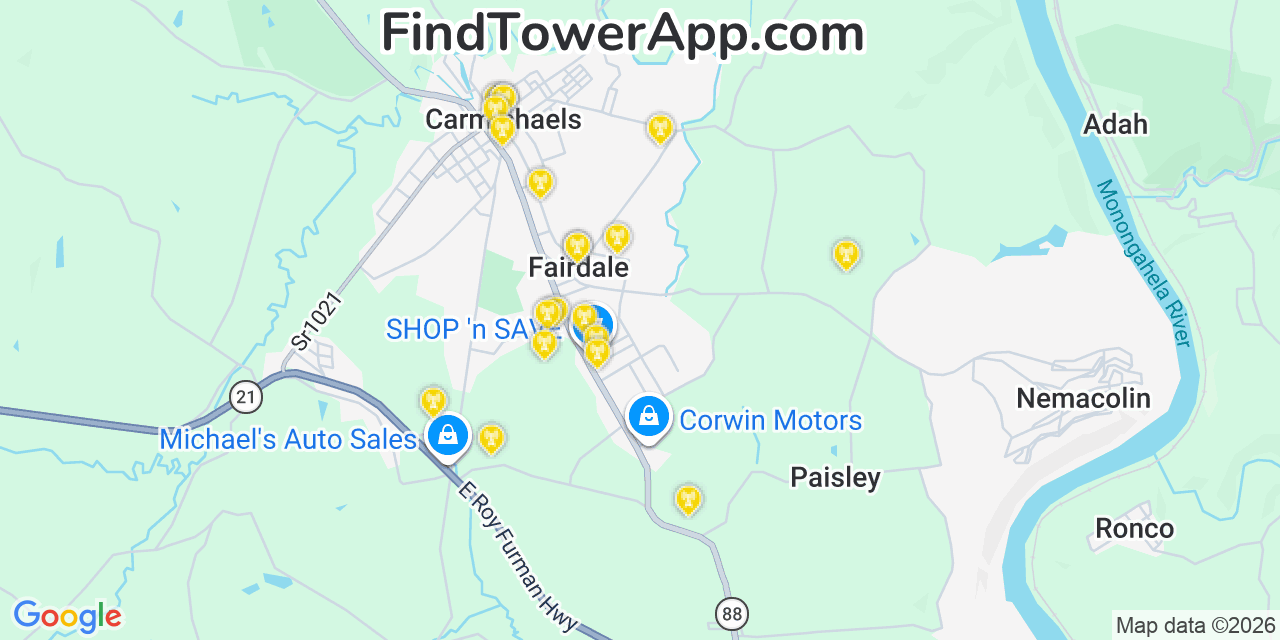 Map showing the 20 primary cell tower locations detected in Fairdale, Pennsylvania from AT&T, Verizon, and T-Mobile networks