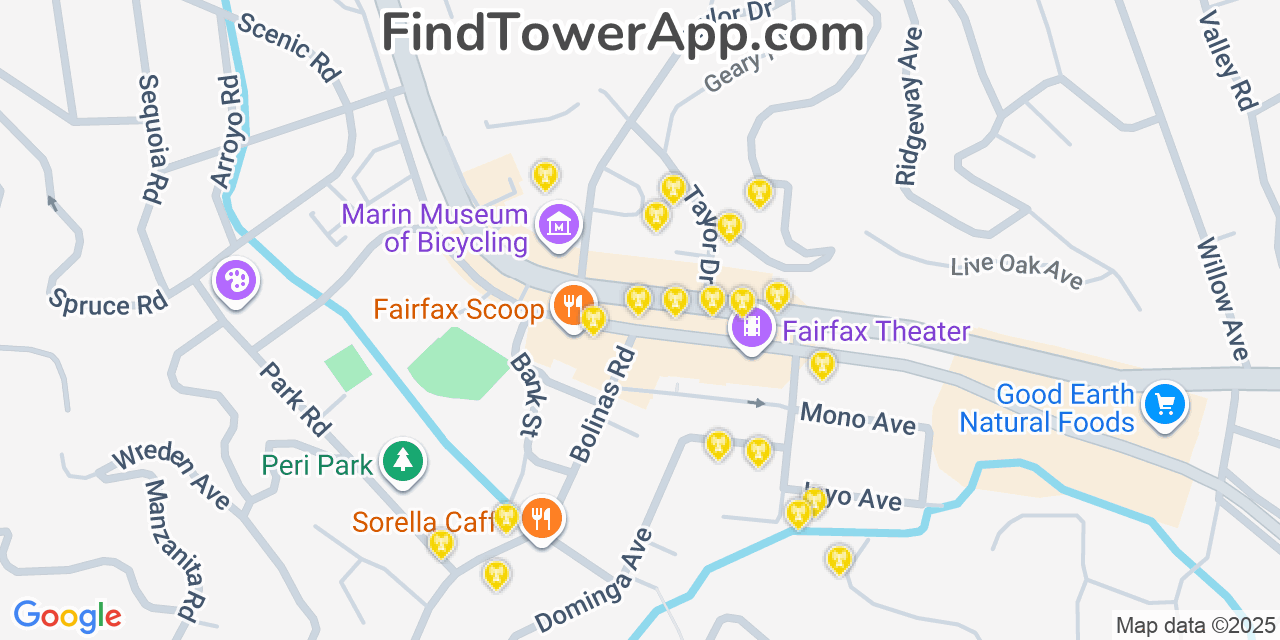 Map showing the 20 primary cell tower locations detected in Fairfax, California from AT&T, Verizon, and T-Mobile networks
