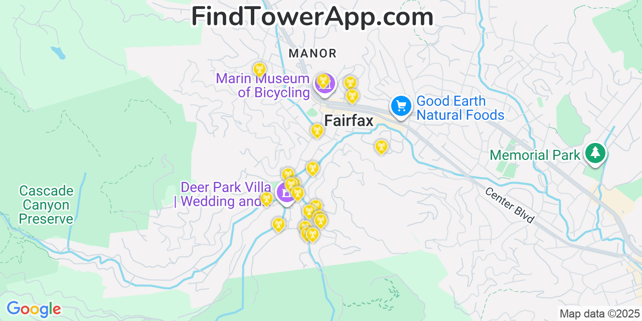 Map showing the 20 primary cell tower locations detected in Fairfax, California from AT&T, Verizon, and T-Mobile networks