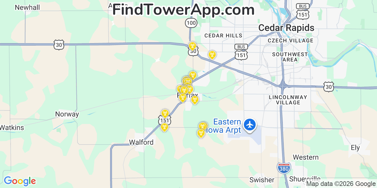 Map showing the 20 primary cell tower locations detected in Fairfax, Iowa from AT&T, Verizon, and T-Mobile networks