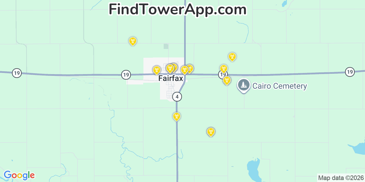 Map showing the 20 primary cell tower locations detected in Fairfax, Minnesota from AT&T, Verizon, and T-Mobile networks