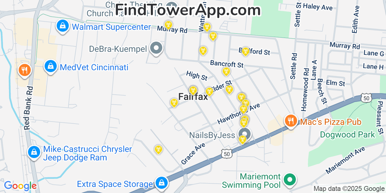 Map showing the 20 primary cell tower locations detected in Fairfax, Ohio from AT&T, Verizon, and T-Mobile networks