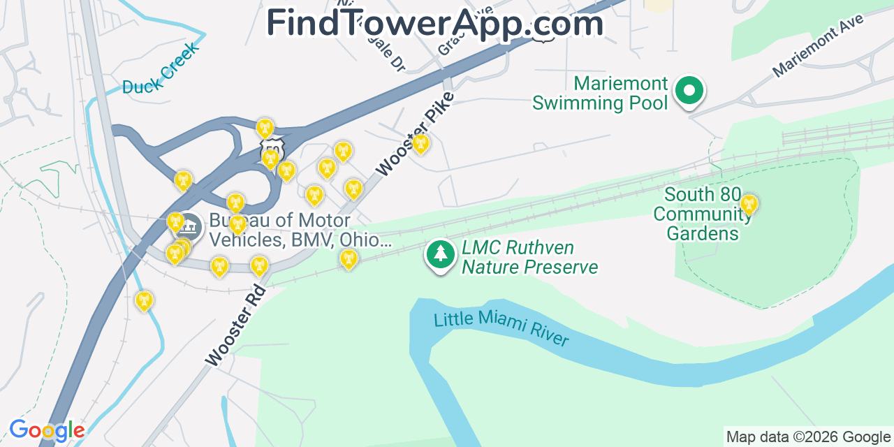 Map showing the 20 primary cell tower locations detected in Fairfax, Ohio from AT&T, Verizon, and T-Mobile networks