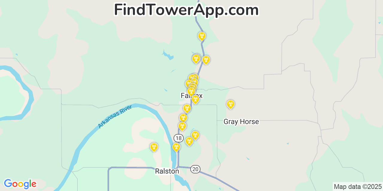 Map showing the 20 primary cell tower locations detected in Fairfax, Oklahoma from AT&T, Verizon, and T-Mobile networks