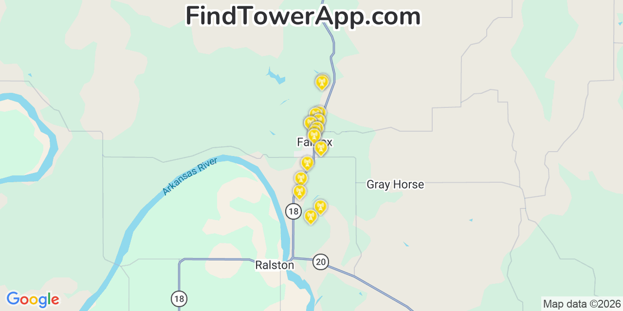 Map showing the 20 primary cell tower locations detected in Fairfax, Oklahoma from AT&T, Verizon, and T-Mobile networks