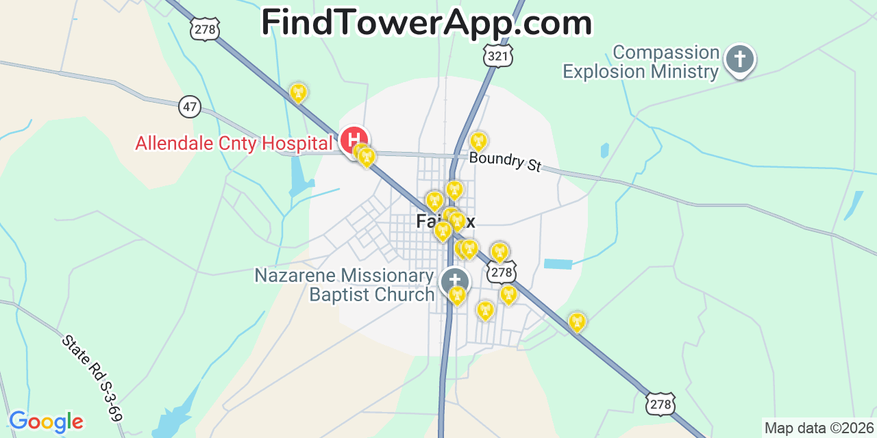 Map showing the 20 primary cell tower locations detected in Fairfax, South Carolina from AT&T, Verizon, and T-Mobile networks