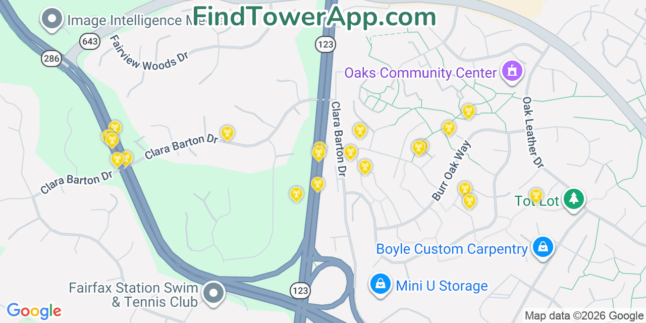 Map showing the 20 primary cell tower locations detected in Fairfax Station, Virginia from AT&T, Verizon, and T-Mobile networks