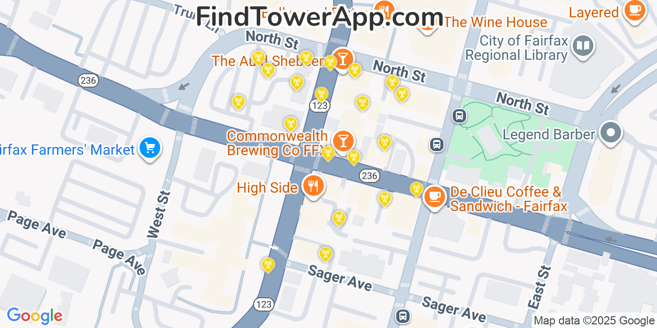 Map showing the 20 primary cell tower locations detected in Fairfax, Virginia from AT&T, Verizon, and T-Mobile networks