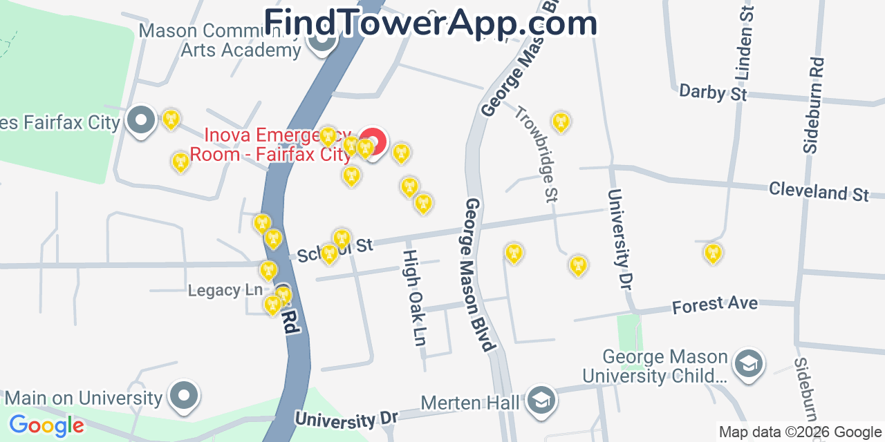 Map showing the 20 primary cell tower locations detected in Fairfax, Virginia from AT&T, Verizon, and T-Mobile networks
