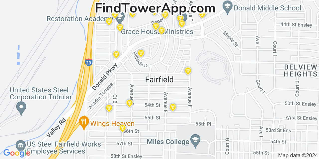 AT&T 4G/5G cell tower coverage map Fairfield, Alabama