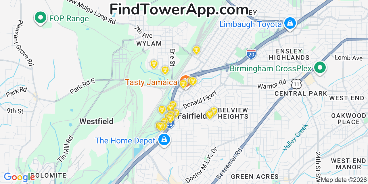 Map showing the 20 primary cell tower locations detected in Fairfield, Alabama from AT&T, Verizon, and T-Mobile networks
