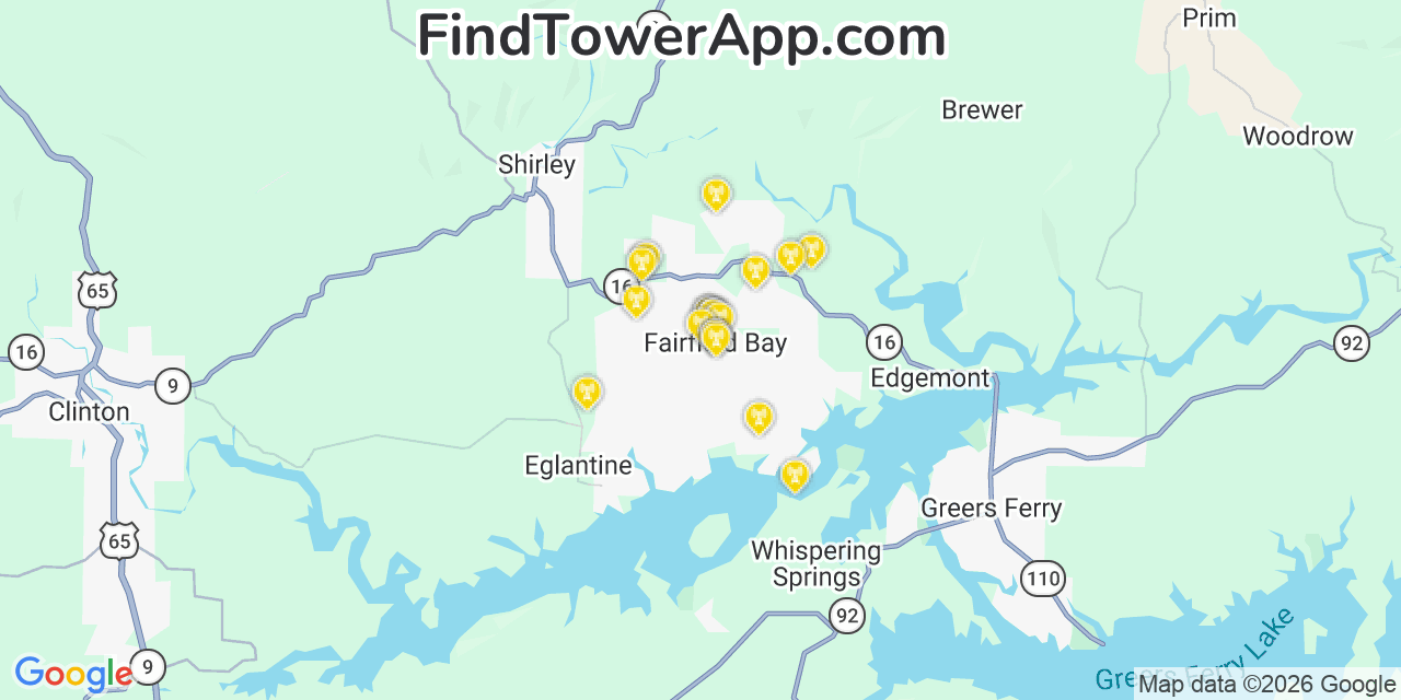 Map showing the 20 primary cell tower locations detected in Fairfield Bay, Arkansas from AT&T, Verizon, and T-Mobile networks