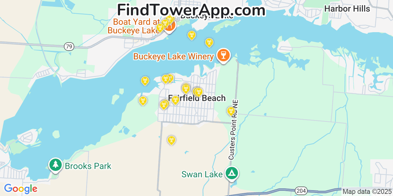 Map showing the 20 primary cell tower locations detected in Fairfield Beach, Ohio from AT&T, Verizon, and T-Mobile networks