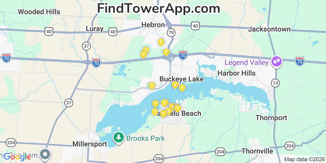 Map showing the 20 primary cell tower locations detected in Fairfield Beach, Ohio from AT&T, Verizon, and T-Mobile networks