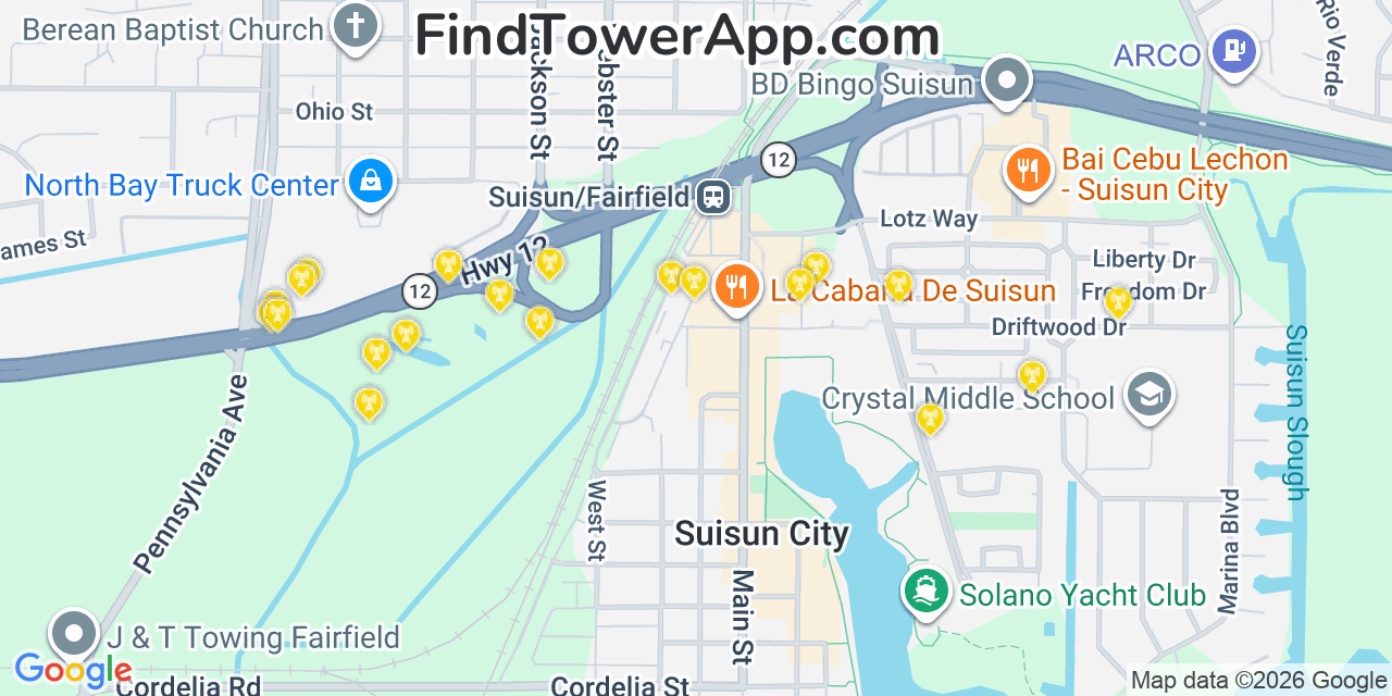 Map showing the 20 primary cell tower locations detected in Fairfield, California from AT&T, Verizon, and T-Mobile networks
