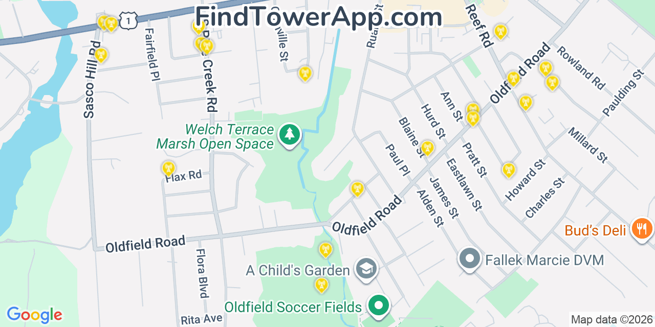 Map showing the 20 primary cell tower locations detected in Fairfield, Connecticut from AT&T, Verizon, and T-Mobile networks