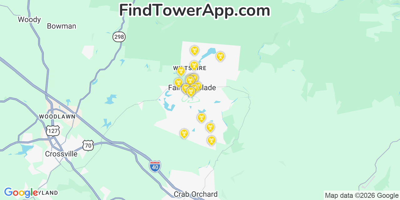 Map showing the 20 primary cell tower locations detected in Fairfield Glade, Tennessee from AT&T, Verizon, and T-Mobile networks