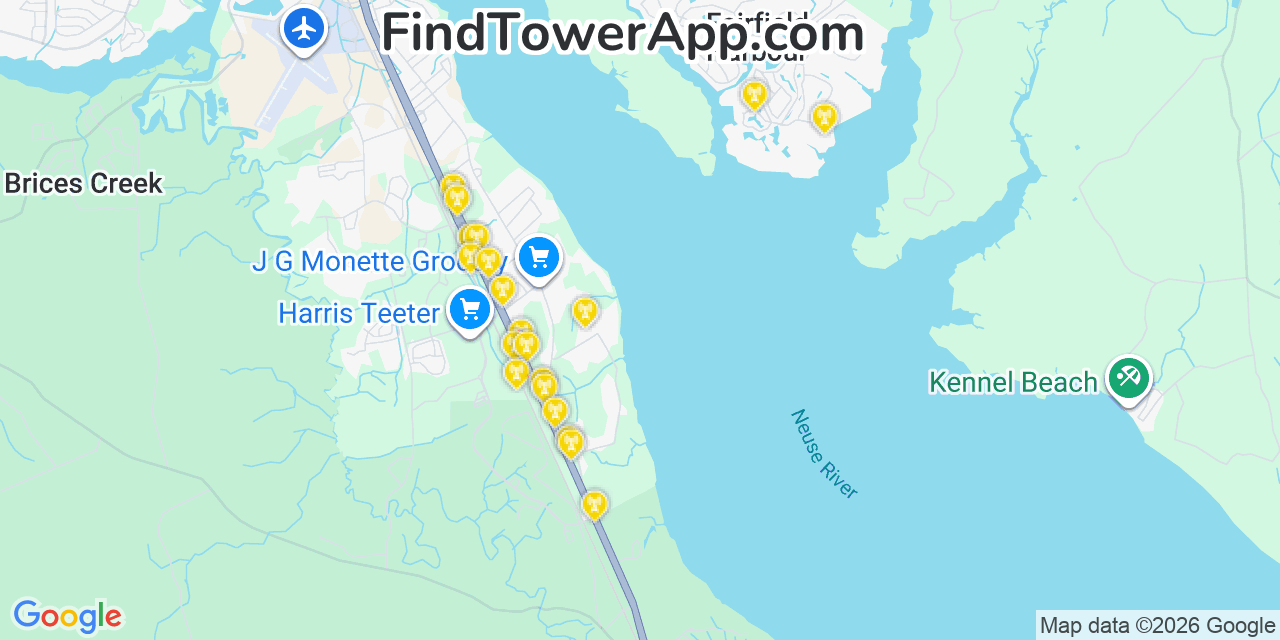 Map showing the 20 primary cell tower locations detected in Fairfield Harbour, North Carolina from AT&T, Verizon, and T-Mobile networks