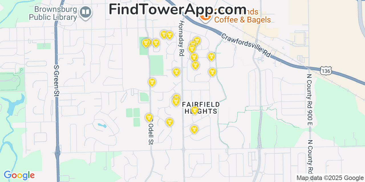 Map showing the 20 primary cell tower locations detected in Fairfield Heights, Indiana from AT&T, Verizon, and T-Mobile networks