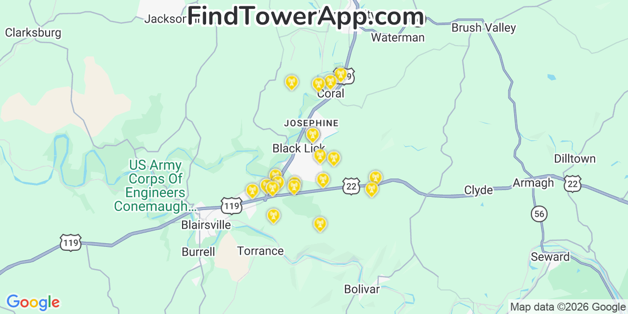 Map showing the 20 primary cell tower locations detected in Fairfield Heights, Indiana from AT&T, Verizon, and T-Mobile networks