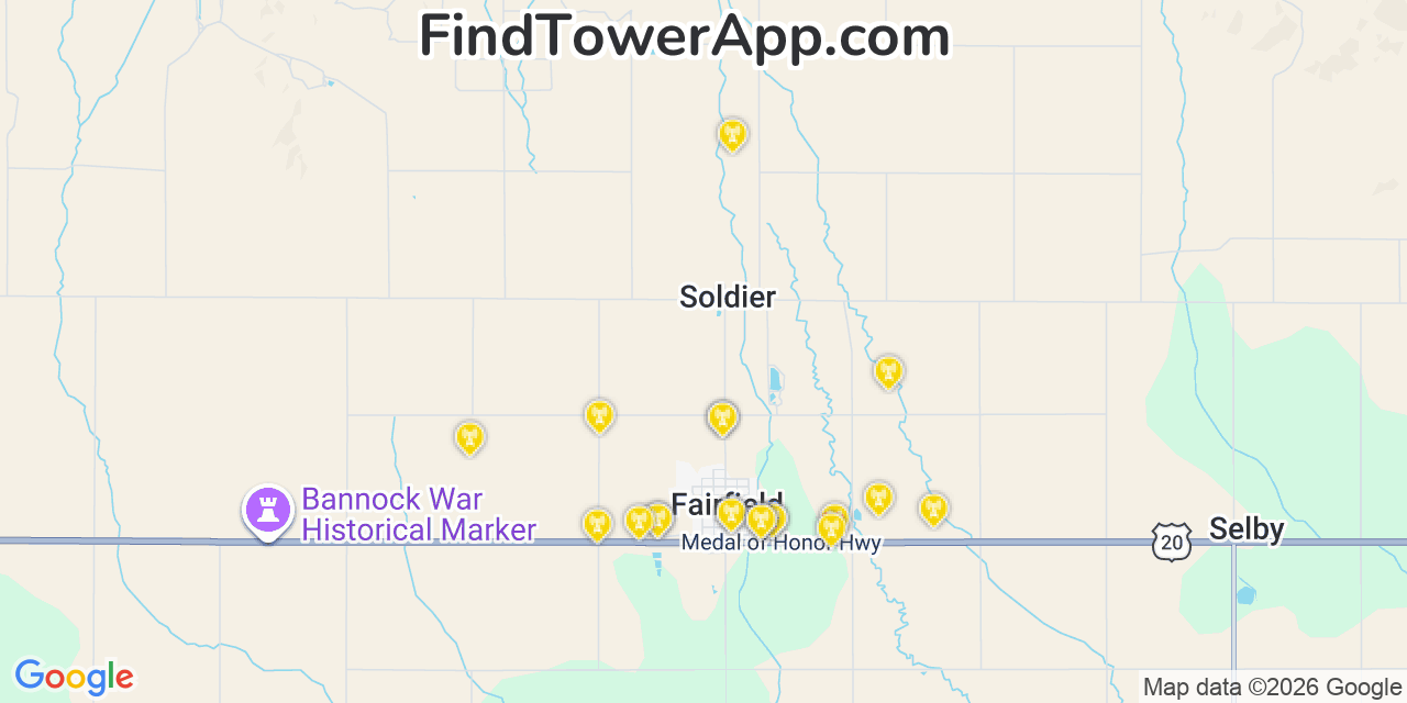 Map showing the 20 primary cell tower locations detected in Fairfield, Idaho from AT&T, Verizon, and T-Mobile networks