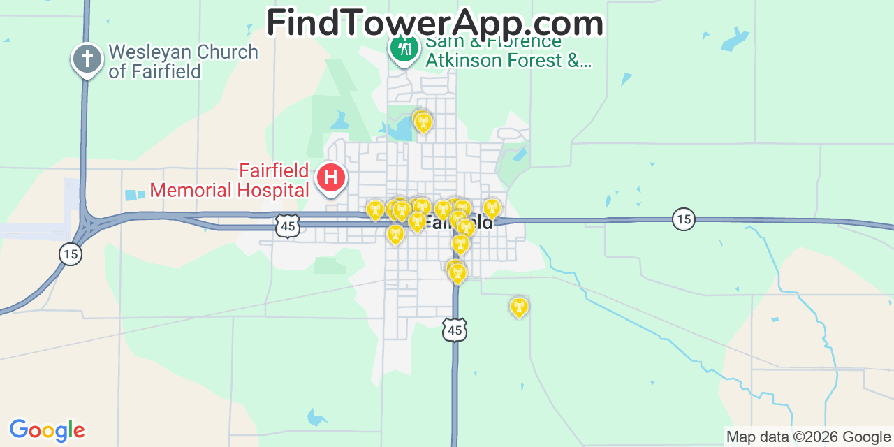 Map showing the 20 primary cell tower locations detected in Fairfield, Illinois from AT&T, Verizon, and T-Mobile networks