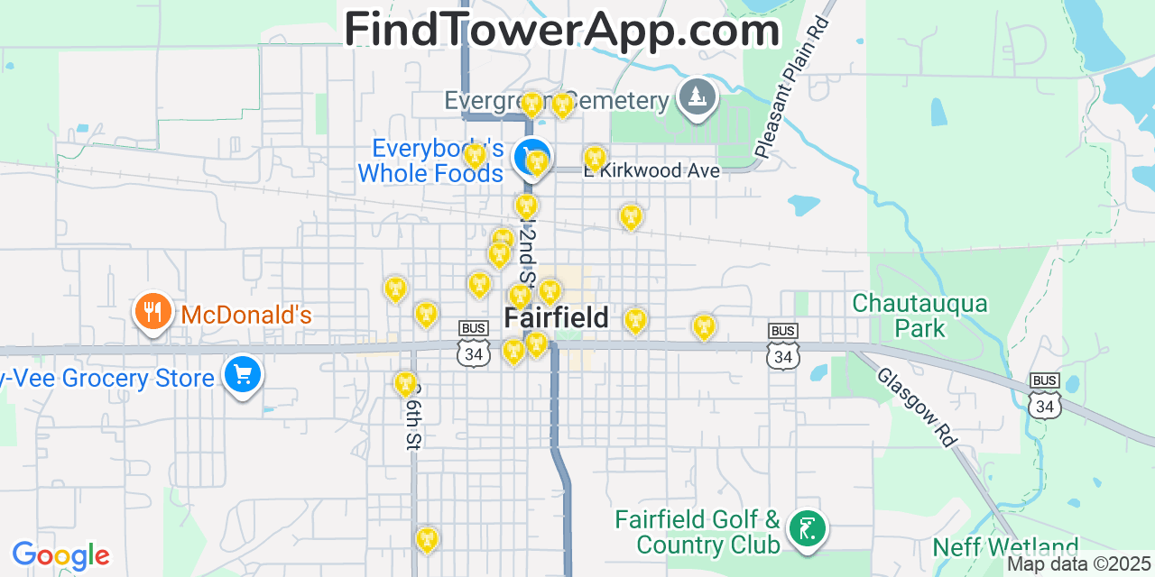 Map showing the 20 primary cell tower locations detected in Fairfield, Iowa from AT&T, Verizon, and T-Mobile networks