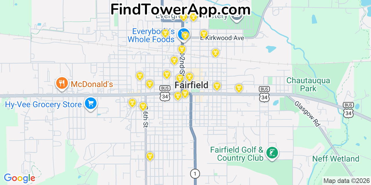 Map showing the 20 primary cell tower locations detected in Fairfield, Iowa from AT&T, Verizon, and T-Mobile networks