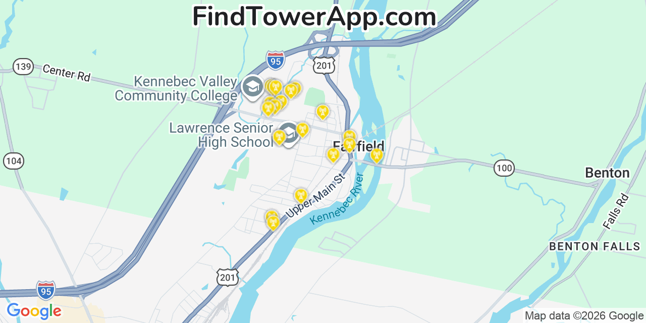 Map showing the 20 primary cell tower locations detected in Fairfield, Maine from AT&T, Verizon, and T-Mobile networks