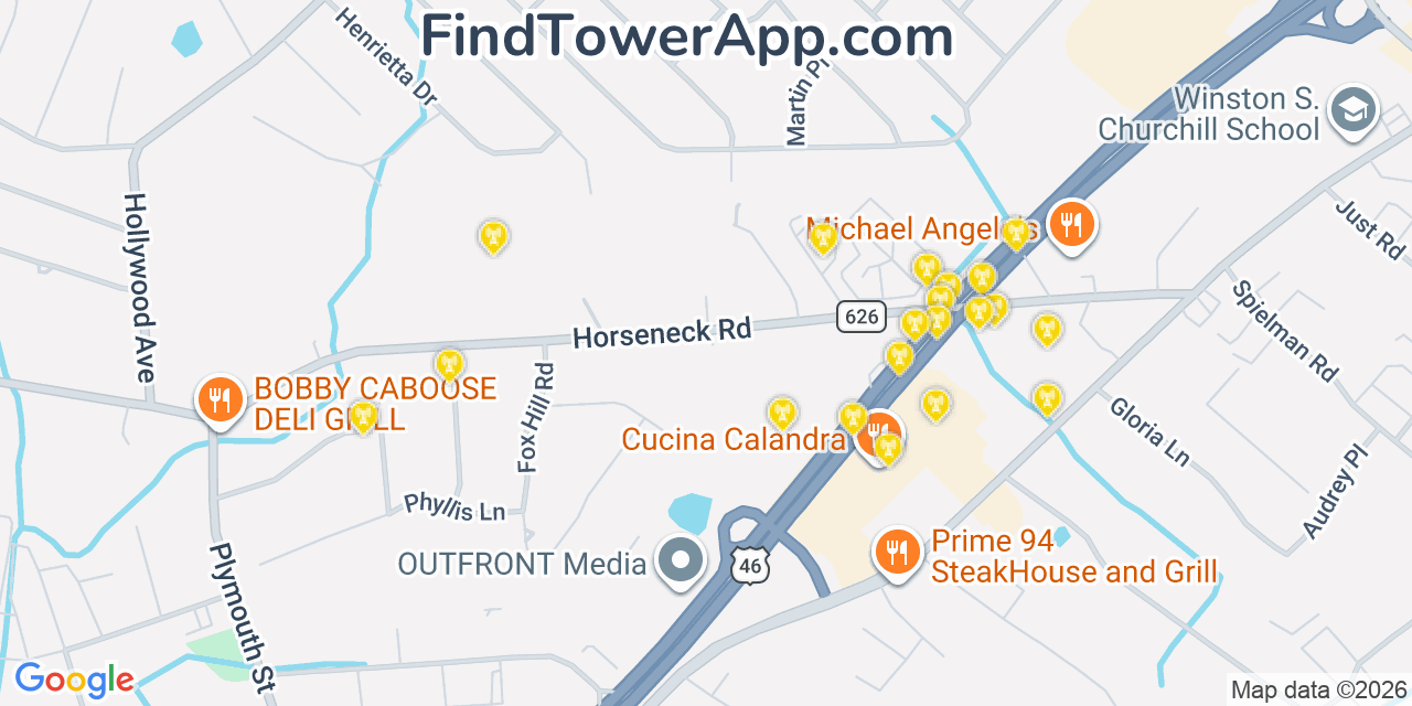 Map showing the 20 primary cell tower locations detected in Fairfield, New Jersey from AT&T, Verizon, and T-Mobile networks