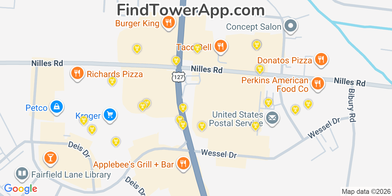 Map showing the 20 primary cell tower locations detected in Fairfield, Ohio from AT&T, Verizon, and T-Mobile networks