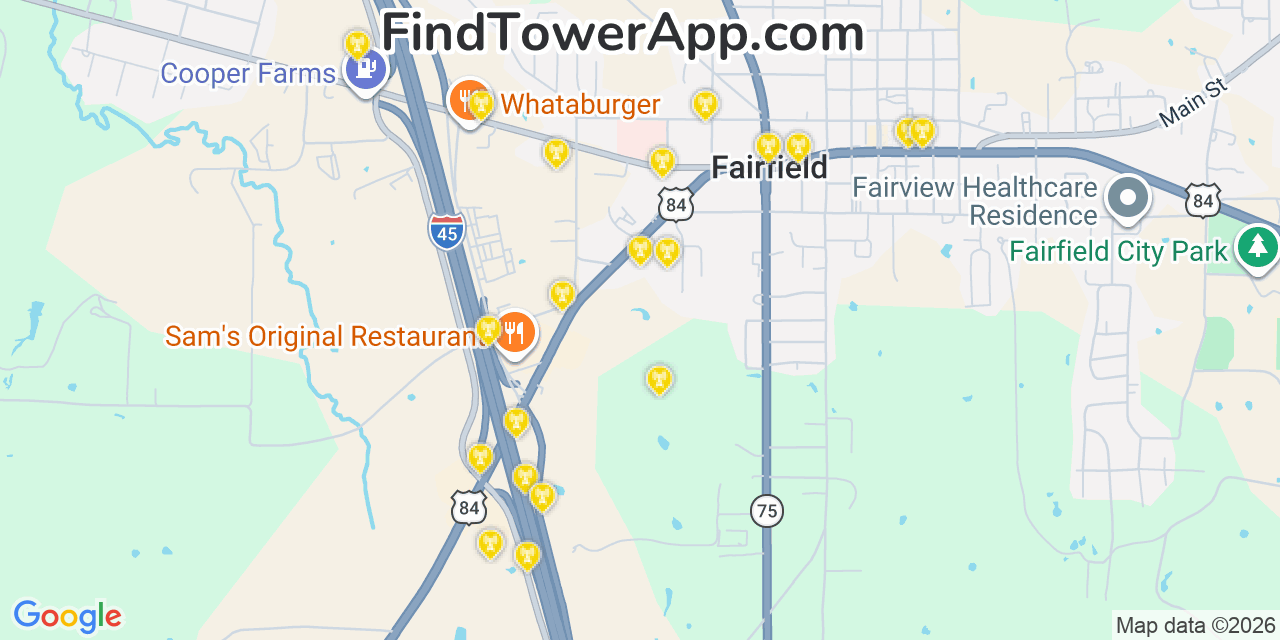 Map showing the 20 primary cell tower locations detected in Fairfield, Texas from AT&T, Verizon, and T-Mobile networks