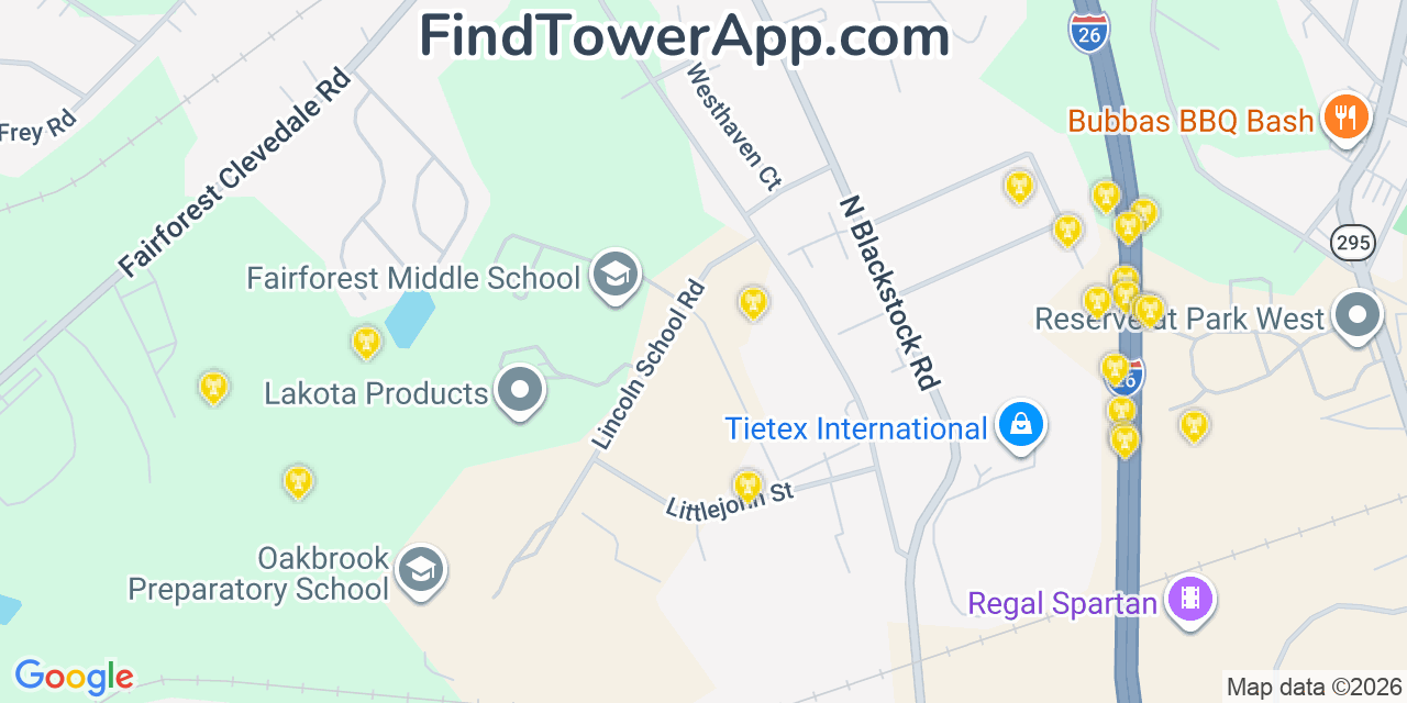 Map showing the 20 primary cell tower locations detected in Fairforest, South Carolina from AT&T, Verizon, and T-Mobile networks