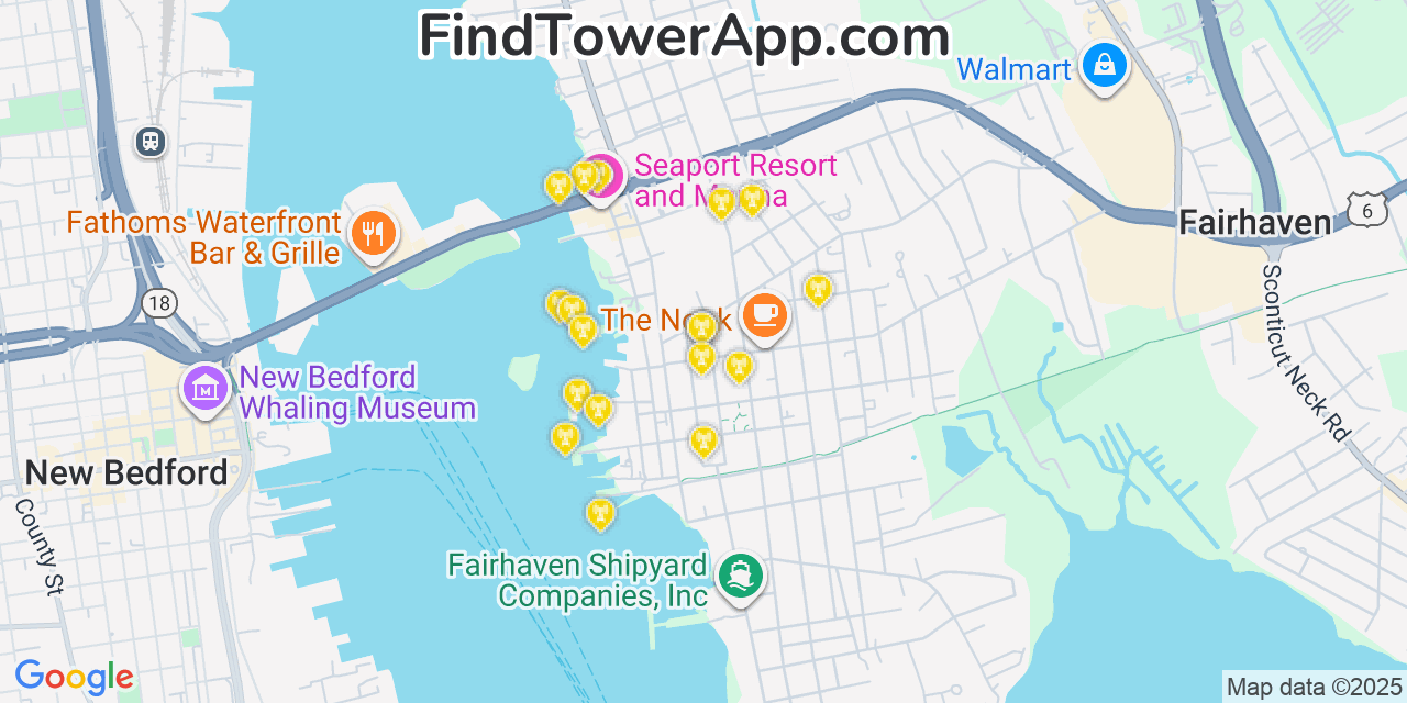 Map showing the 20 primary cell tower locations detected in Fairhaven, Massachusetts from AT&T, Verizon, and T-Mobile networks