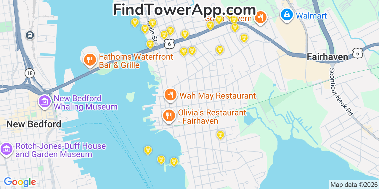 Map showing the 20 primary cell tower locations detected in Fairhaven, Massachusetts from AT&T, Verizon, and T-Mobile networks