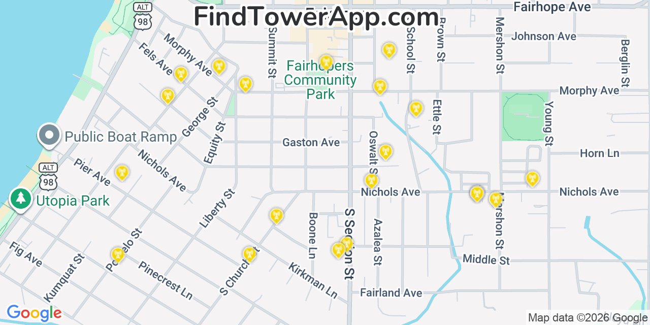 Map showing the 20 primary cell tower locations detected in Fairhope, Alabama from AT&T, Verizon, and T-Mobile networks