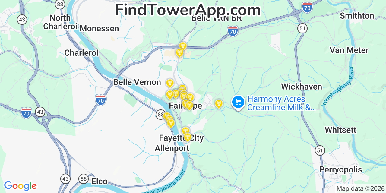 Map showing the 20 primary cell tower locations detected in Fairhope, Pennsylvania from AT&T, Verizon, and T-Mobile networks