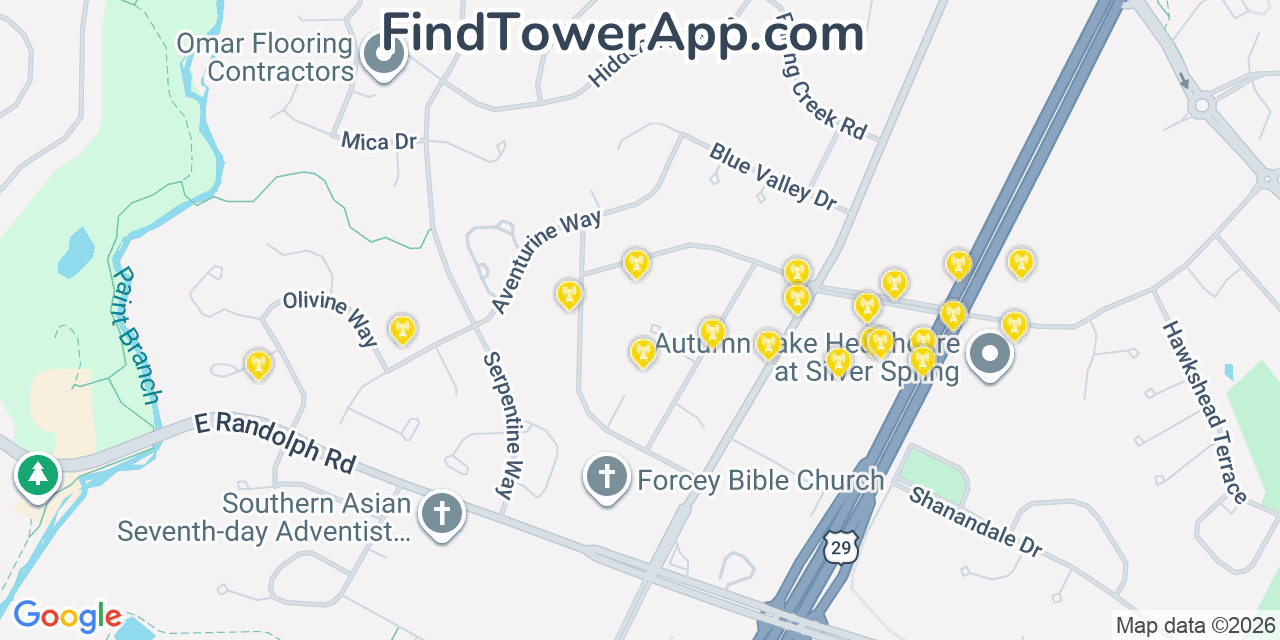 Map showing the 20 primary cell tower locations detected in Fairland, Maryland from AT&T, Verizon, and T-Mobile networks