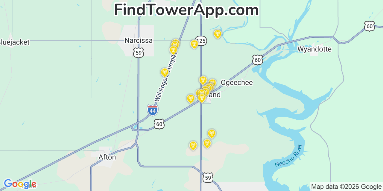 Map showing the 20 primary cell tower locations detected in Fairland, Oklahoma from AT&T, Verizon, and T-Mobile networks