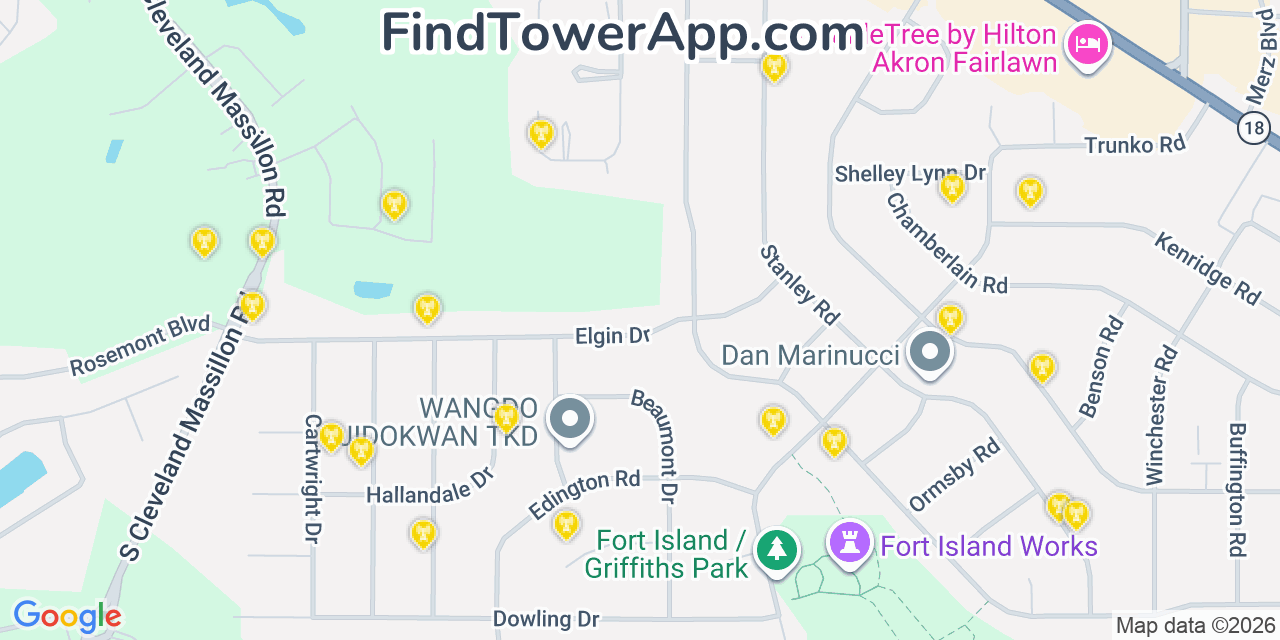 Map showing the 20 primary cell tower locations detected in Fairlawn, Ohio from AT&T, Verizon, and T-Mobile networks