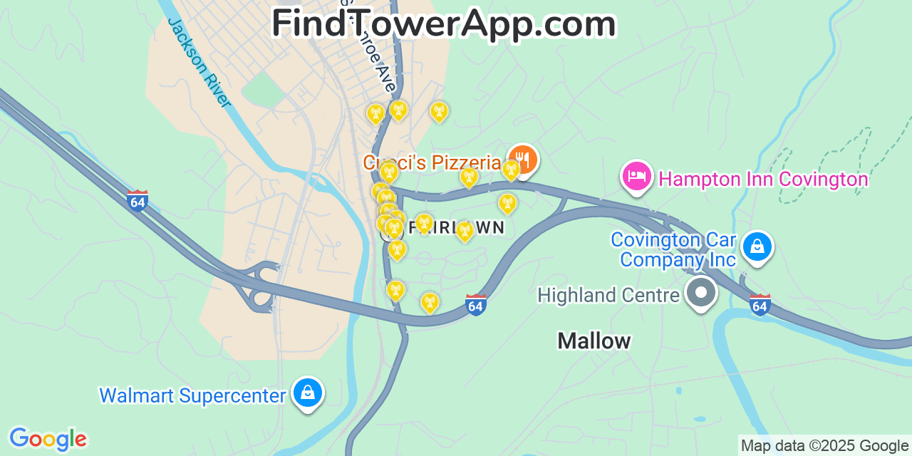 Map showing the 20 primary cell tower locations detected in Fairlawn, Virginia from AT&T, Verizon, and T-Mobile networks